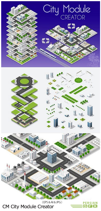 دانلود تصاویر وکتور عناصر ساخت نقشه شهر، ساختمان، جاده، درخت و ... - CM City Module Creator