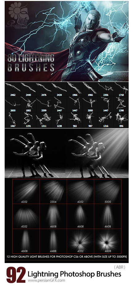 دانلود 92 براش فتوشاپ نور و رعد و برق برای طراحی - 92 High-Res Lightning Photoshop Brushes