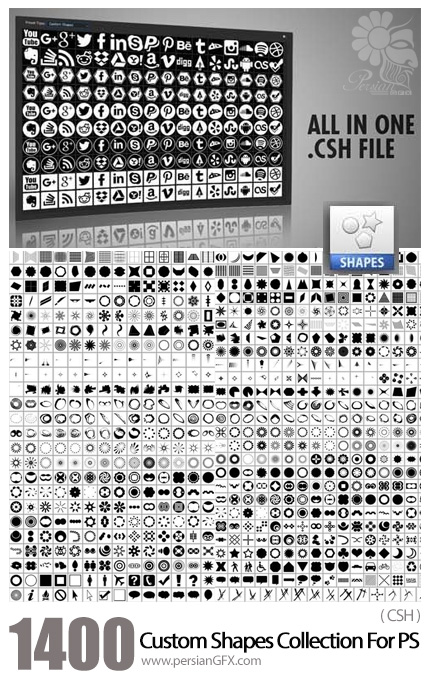 دانلود بیش از 1400 شیپ فتوشاپ متنوع برای طراحی - 1400 Custom Shapes Collection For Photoshop