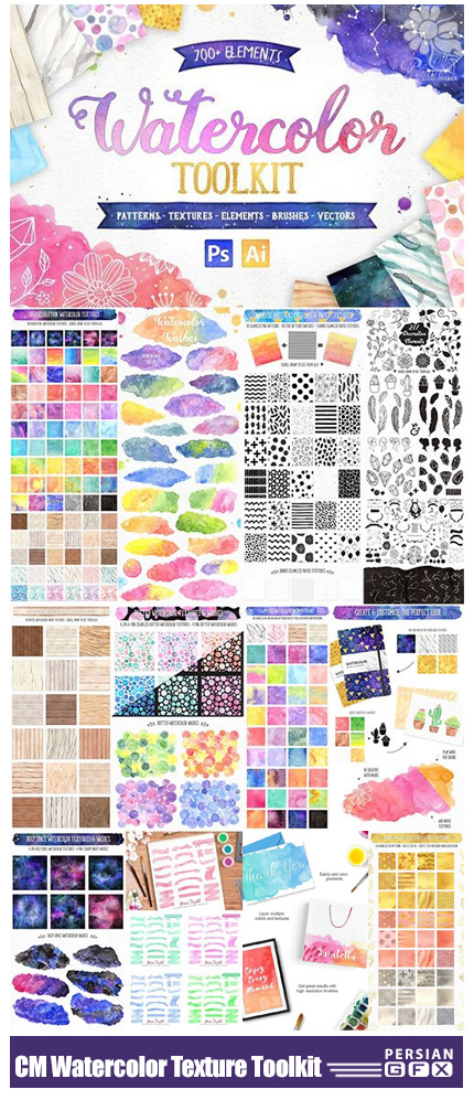 دانلود 700 تصویر کلیپ آرت عناصر طراحی آبرنگی متنوع تکسچر، براش و وکتور - CM New Watercolor Texture Toolkit