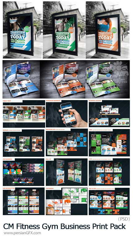 دانلود مجموعه بیش از 20 تصویر لایه باز بنر، بروشور، بیلیورد، کارت ویزیت تجاری و ورزشی - CM Fitness Gym Business Print Pack