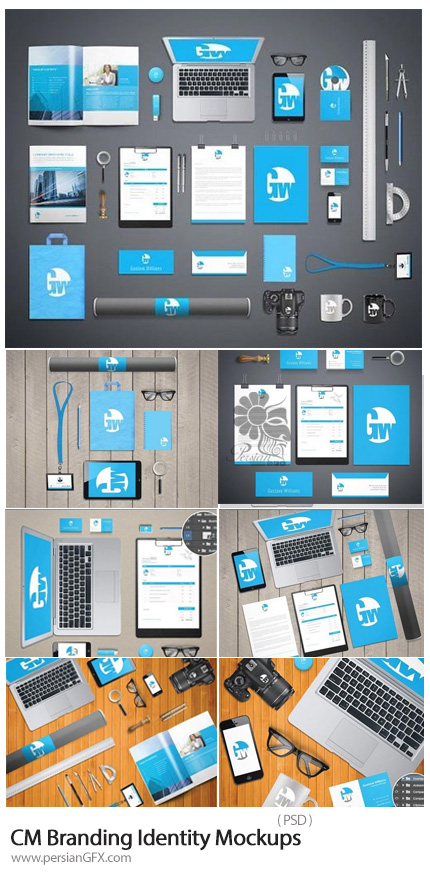 دانلود مجموعه موکاپ لایه باز ست اداری، لپ تاپ، بروشور، سربرگ، کارت ویزیت و ... -  CM Branding Identity Mockups