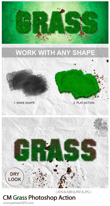 دانلود اکشن فتوشاپ ایجاد افکت چمن بر روی متن و اشکال - CM Grass Photoshop Action