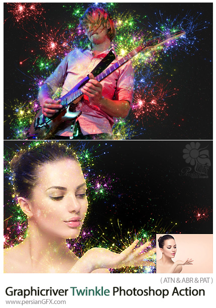 دانلود اکشن فتوشاپ ایجاد افکت جرقه های نورانی رنگارنگ بر روی تصاویر از گرافیک ریور - Graphicriver Twinkle Photoshop Action