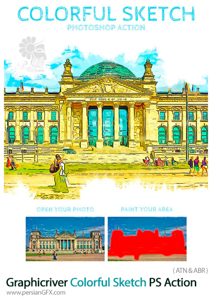 دانلود اکشن فتوشاپ تبدیل تصاویر به طرح اولیه نقاشی رنگی از گرافیک ریور - Graphicriver Colorful Sketch Photoshop Action