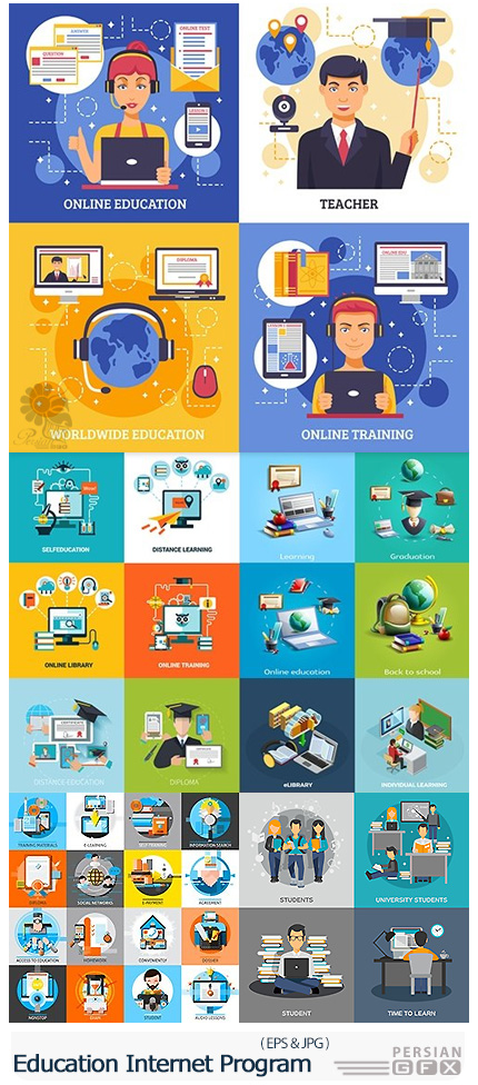 دانلود تصاویر وکتور قالب آماده بنرهای تخت آموزش اینترنتی - Education Internet Training Program Online Flat Design