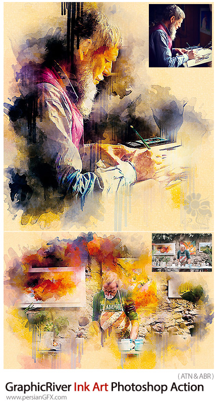 دانلود اکشن فتوشاپ تبدیل تصاویر به نقاشی هنری با جوهر از گرافیک ریور - GraphicRiver Ink Art Photoshop Action
