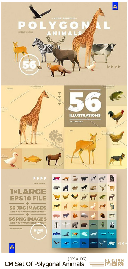 دانلود 56 تصویر وکتور چند ضلعی حیوانات متنوع، سنجاب، روباه، زرافه، گاو و ... - CM Set Of Polygonal Animals