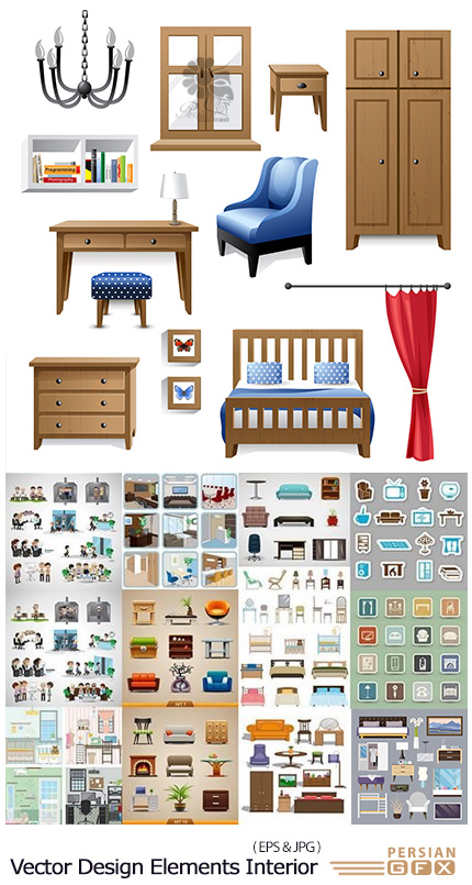 دانلود تصاویر وکتور آیکون وسایل خانه، مبلمان، کمد، تخت، لوستر و ... - Vector Design Elements Interior