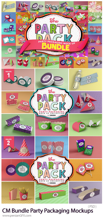 دانلود 24 موکاپ لایه باز بسته بندی های فانتزی متنوع - CreativeMarket Bundle Party Packaging Mockups