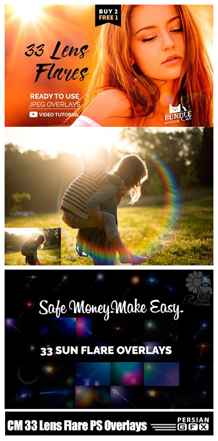 دانلود 33 تصویر کلیپ آرت افکت انتشار نور بر روی تصاویر برای فتوشاپ - CM 33 Lens Flare Photoshop Overlays