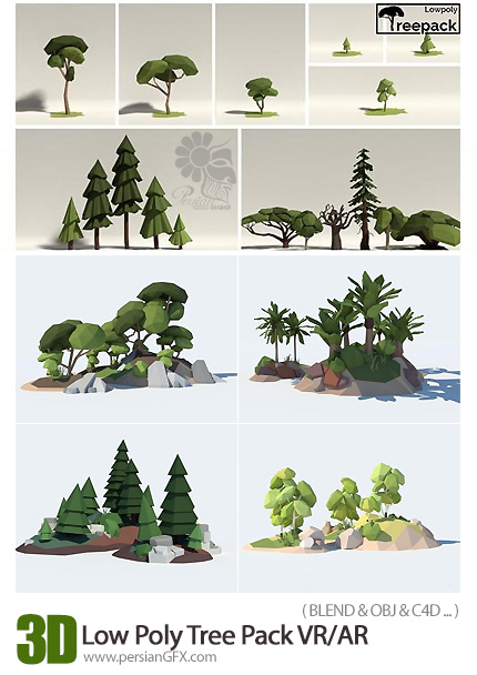دانلود مدل آماده سه بعدی درخت های چند ضلعی متنوع - Low Poly Tree Pack VR / AR / Low-Poly 3D Model