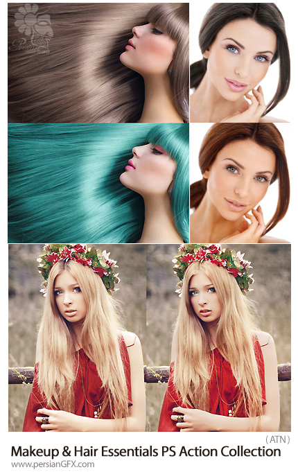 دانلود اکشن فتوشاپ تغییر رنگ مو و آرایش صورت حرفه ای به همراه آموزش ویدئویی - Glamourana Makeup And Hair Essentials Photoshop Action Collection