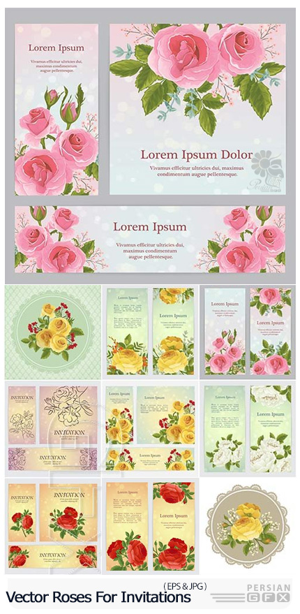 دانلود تصاویر وکتور بک گراند های تزئینی گل رز برای کارت دعوت - Vector Backgrounds With Roses For Invitations