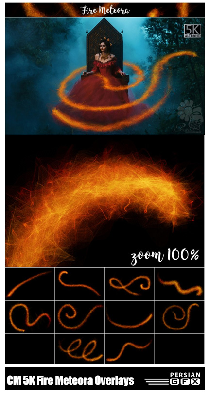 دانلود تصاویر کلیپ آرت خطوط موج دار آتشین با کیفیت 5k - CreativeMarket 5K Fire Meteora Overlays