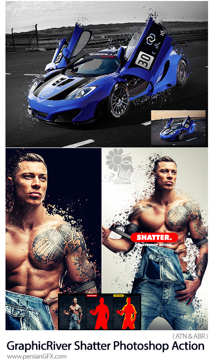 دانلود اکشن فتوشاپ ایجاد افکت پراکندگی ذرات ریز تصاویر از گرافیک ریور - GraphicRiver Shatter Photoshop Action