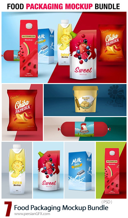 دانلود 7 موکاپ لایه باز بسته بندی مواد غذایی متنوع - Food Packaging Mockup Bundle