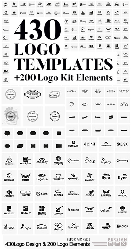 دانلود 430 تصویر وکتور قالب آماده لوگوهای گرافیکی به همراه 200 عناصر طراحی لوگو - 430 Vector Logo Design Templates And 200 Logo Kit Elements