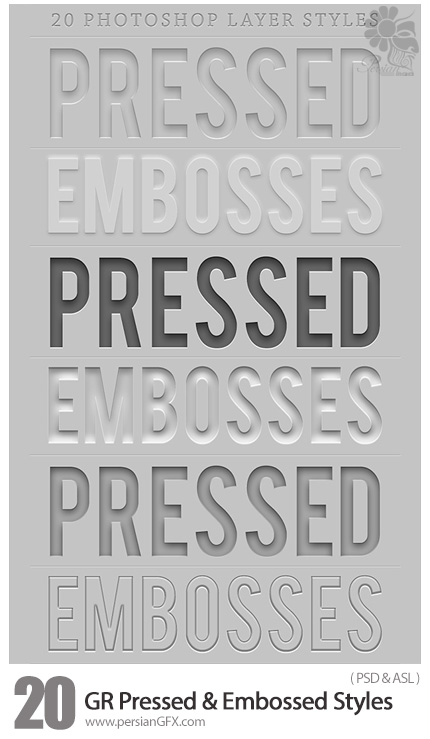 دانلود استایل فتوشاپ با 20 افکت فرو رفته و برجسته متن از گرافیک ریور - GraphicRiver Pressed And Embossed Styles
