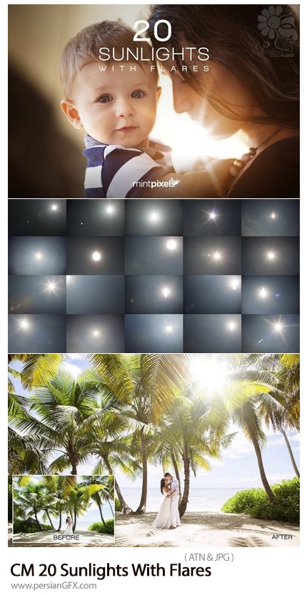 دانلود اکشن فتوشاپ 20 افکت متنوع نور خورشید - CM 20 Sunlights With Flares