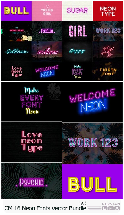 دانلود 16 وکتور افکت نور نئونی برای متن - CM 16 Neon Fonts Vector Mega Bundle