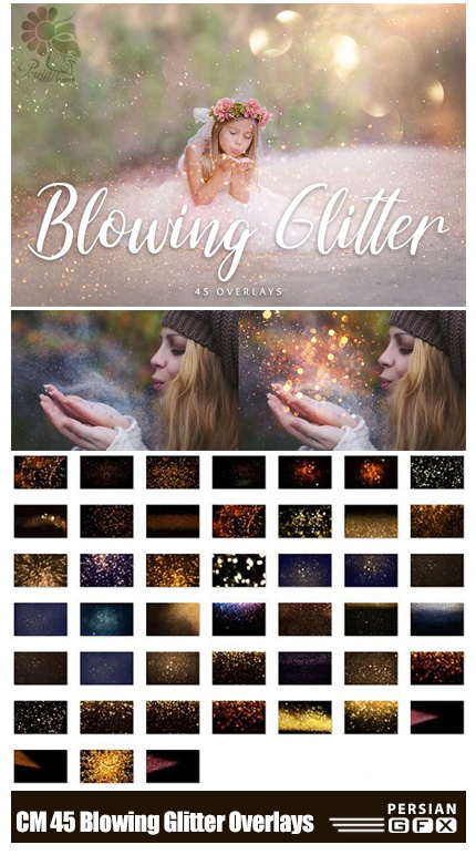 دانلود 45 تصویر کلیپ آرت افکت ذرات نورانی و درخشان - CreativeMarket 45 Blowing Glitter Overlays