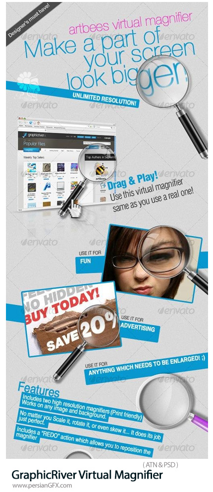 دانلود اکشن فتوشاپ بزرگنمایی ذره بینی تصاویر از گرافیک ریور - GraphicRiver Virtual Magnifier