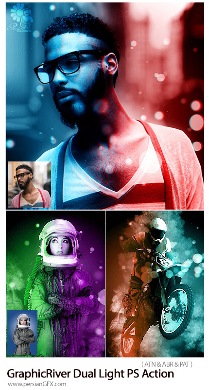 دانلود اکشن فتوشاپ ایجاد افکت نور دورنگی با دود و بوکه بر روی تصاویر از گرافیک ریور - GraphicRiver Dual Light Photoshop Action