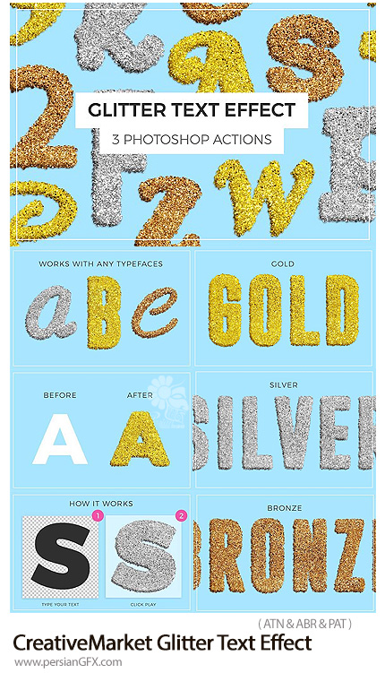 دانلود اکشن فتوشاپ ساخت متن سه بعدی با افکت ذرات درخشان طلایی، نقره ای و رز گلد - CreativeMarket Glitter Text Effect