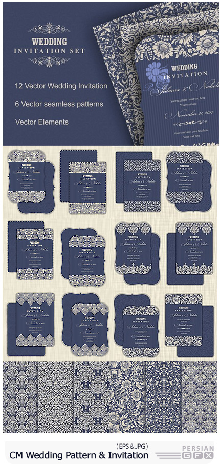 دانلود مجموعه تصاویر وکتور کارت دعوت و پترن های گلدار تزئینی متنوع - CM Wedding Set Pattern And Invitation