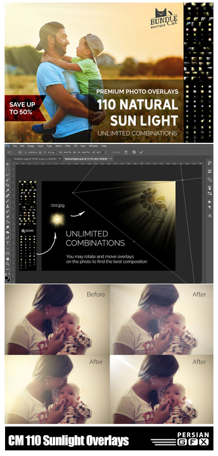 دانلود بیش از 110 کلیپ آرت افکت های متنوع تابش نور طبیعی - CreativeMarket 110 Natural Sunlight Photo Overlays