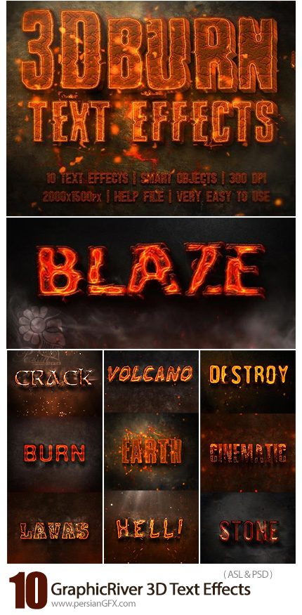 دانلود استایل فتوشاپ با 10 افکت متن سه بعدی سوزاندن از گرافیک ریور - GraphicRiver 3D Text Effects