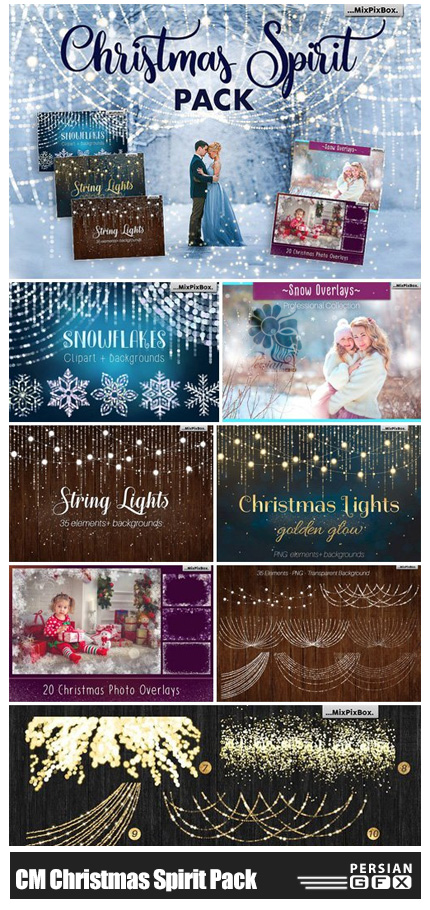 دانلود مجموعه کلیپ آرت عناصر تزئینی چراغانی، افکت های نورانی، دانه های برف و ... - CM Christmas Spirit Pack