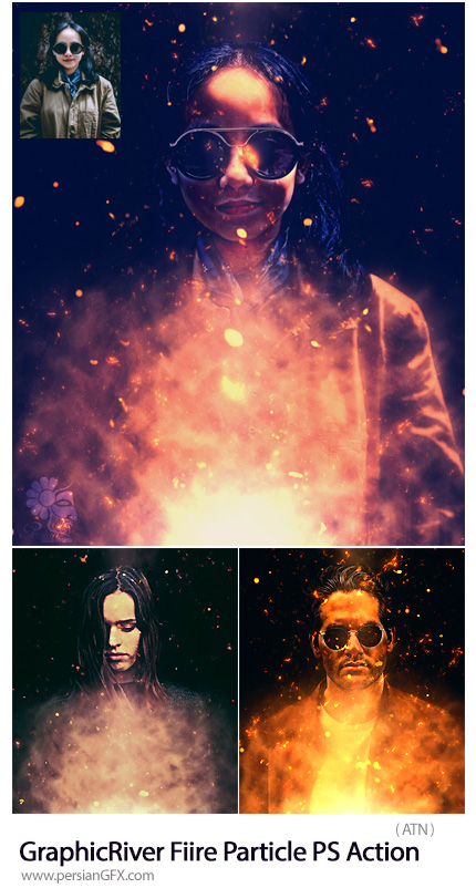 دانلود اکشن فتوشاپ ایجاد افکت ذرات پراکنده آتش بر روی تصاویر از گرافیک ریور - GraphicRiver Fiire Particle Photoshop Action
