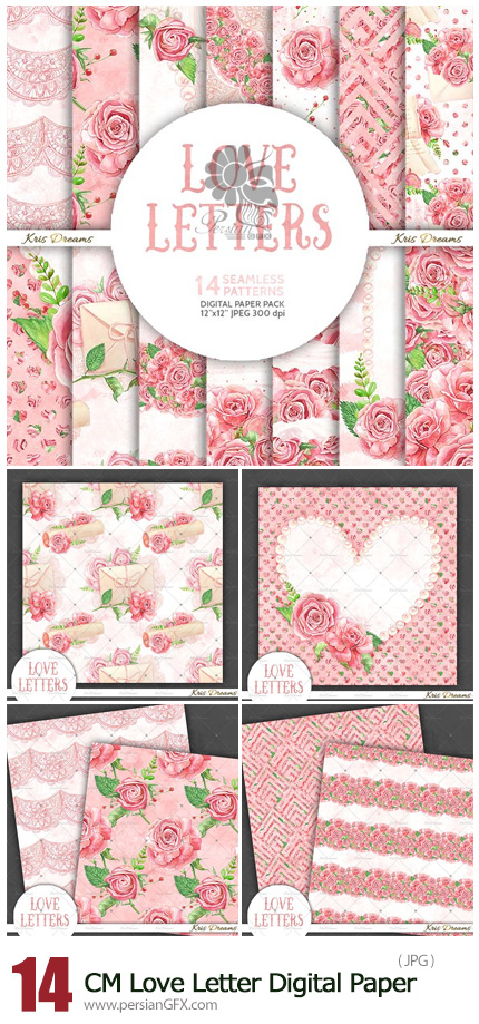 دانلود پترن با کیفیت با طرح های گلدار رمانتیک - CreativeMarket Love Letter Digital Paper