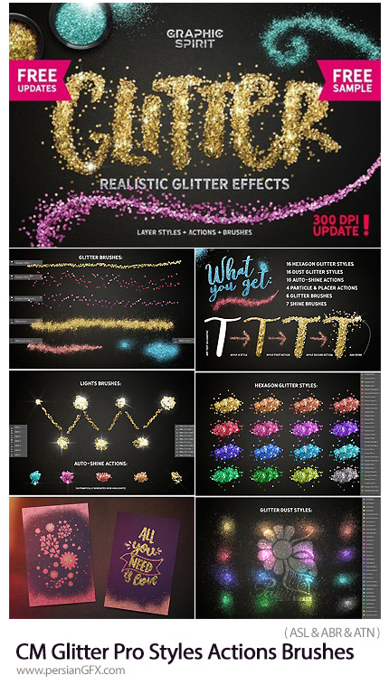 دانلود اکشن، براش و استایل فتوشاپ با افکت ذرات درخشان رنگی - CM Glitter Pro Styles Actions Brushes