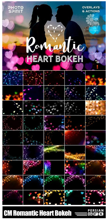 دانلود تصاویر کلیپ آرت و اکشن فتوشاپ ایجاد افکت بوکه قلب رمانتیک بر روی تصاویر - CM Romantic Heart Bokeh Photo Overlays