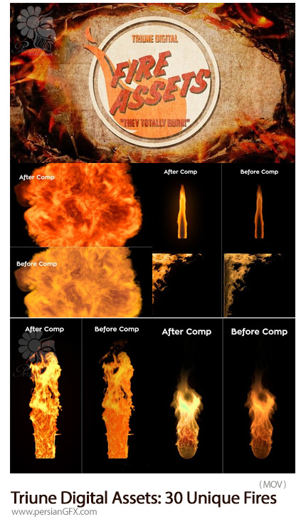 دانلود 30 افکت ویدئویی آتش، شعله آتش، گلوگه آتش، انفجار آتش - Triune Digital Fire Assets: 30 Unique Fires