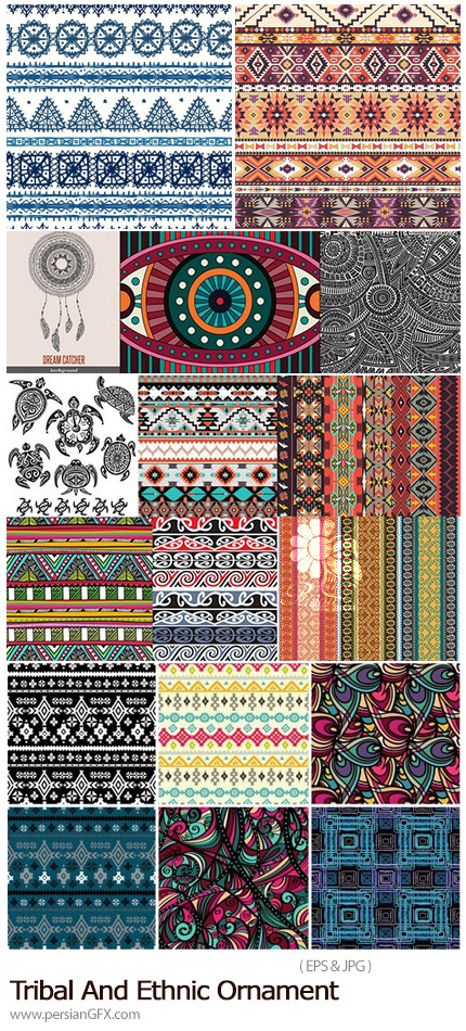 دانلود مجموعه تصاویر وکتور پترن با طرح های سنتی و تزئینی متنوع - Tribal And Ethnic Ornament