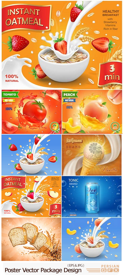 دانلود تصاویر وکتور پوستر تبلیغاتی بستنی، شیر، نوشیدنی و آبمیوه - Oat Grains, Flakes And Milk Splashes, Ice Cream Vintage Poster, Realistic Vector Package Design
