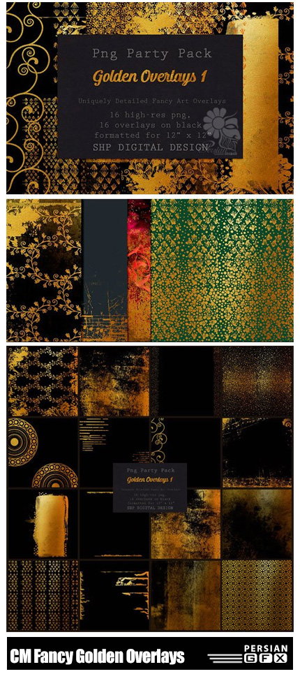 دانلود کلیپ آرت افکت طرح های طلایی برای تصاویر - CM Fancy Golden Overlays: Art Pack 1
