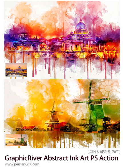 دانلود اکشن فتوشاپ ساخت تصاویر هنری با افکت جوهر پاشیده شده از گرافیک ریور - GraphicRiver Abstract Ink Art Photoshop Action
