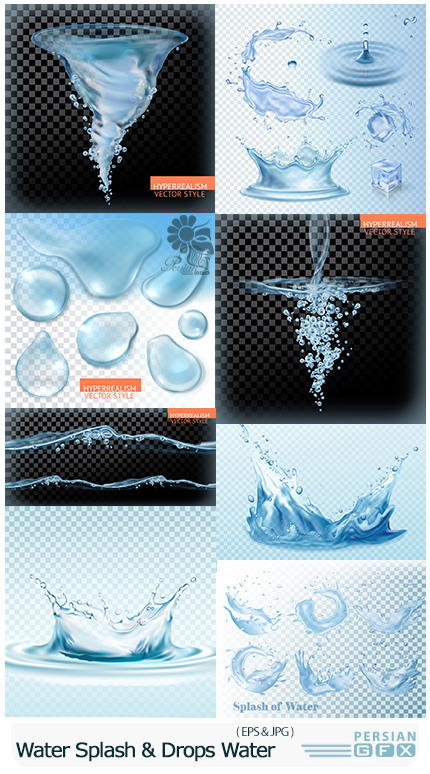 دانلود تصاویر وکتور قطرات و ذرات پاشیده شده آب بدون بک گراند - Water Splash And Drops Water On Transparent Background