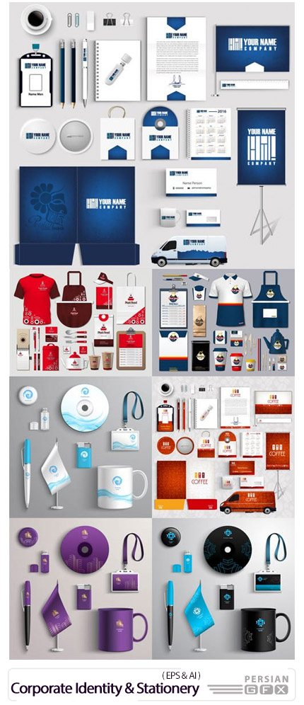 دانلود مجموعه تصاویر وکتور ست اداری، کارت ویزیت، سربرگ، بروشور، ابزار جانبی و ... - 16 Corporate Identity And Stationery Collection In Vector