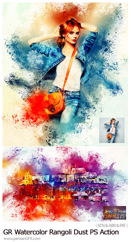 دانلود اکشن فتوشاپ ایجاد افکت گرد و غبار آبرنگی بر روی تصاویر از گرافیک ریور - GraphicRiver Watercolor Rangoli Dust Photoshop Action