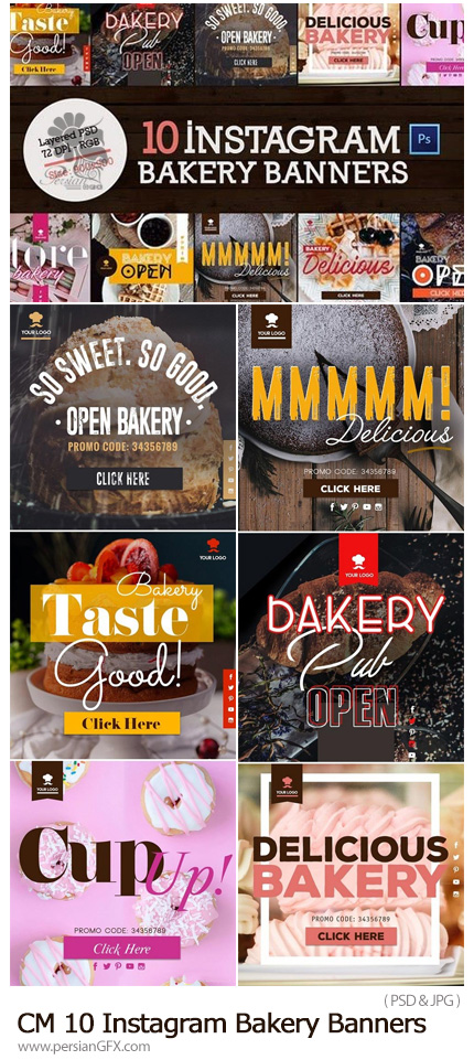 دانلود 10 بنر لایه باز تبلیغاتی نان و شیرینی برای اینستاگرام - CM 10 Instagram Bakery Banners