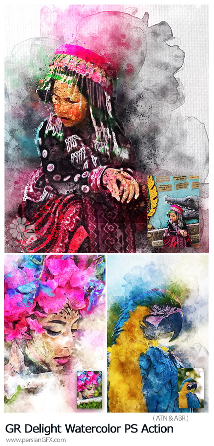 دانلود اکشن فتوشاپ تبدیل تصاویر به نقاشی آبرنگی خلاقانه از گرافیک ریور - GraphicRiver Delight Watercolor Photoshop Action