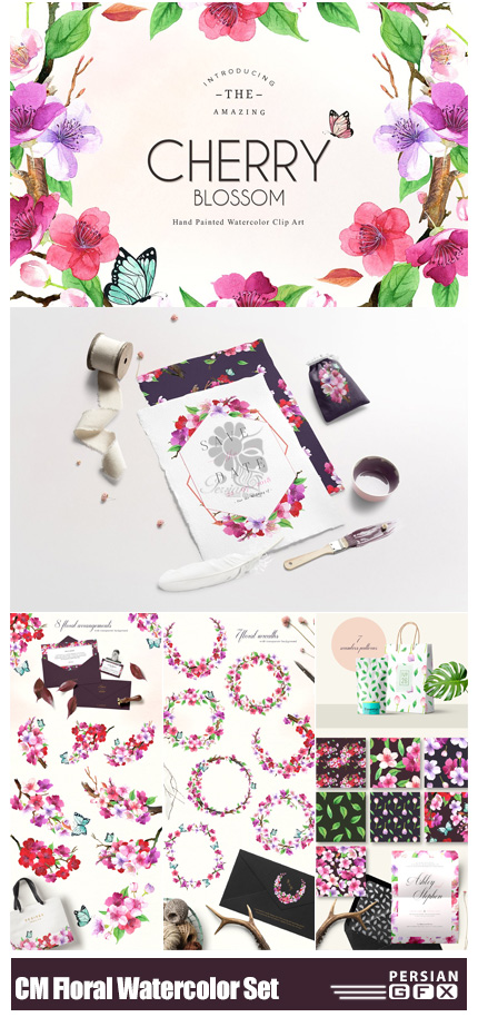 دانلود مجموعه کلیپ آرت عناصر گلدار آبرنگی، پترن، فریم و حلقه گل - CreativeMarket Floral Watercolor Set