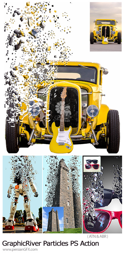 دانلود اکشن فتوشاپ ایجاد افکت پراکندگی ذرات بر روی تصاویر از گرافیک ریور - GraphicRiver Particles Photoshop Action