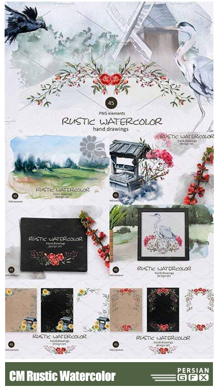 دانلود مجموعه کلیپ آرت عناصر روستایی آبرنگی - CreativeMarket Rustic Watercolor